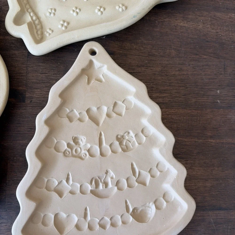 Vintage Brown Bag Cookie Art Molds Stoneware Set Of 3 Angel Christmas Tree Santa